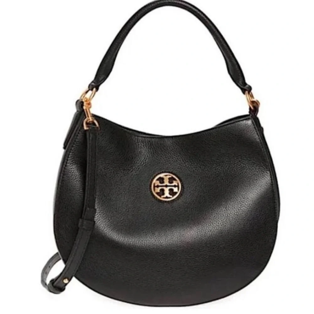 Tory Burch Miller Hobo Bag Black Pebbled Leather Crossbody Gold Logo Handbag